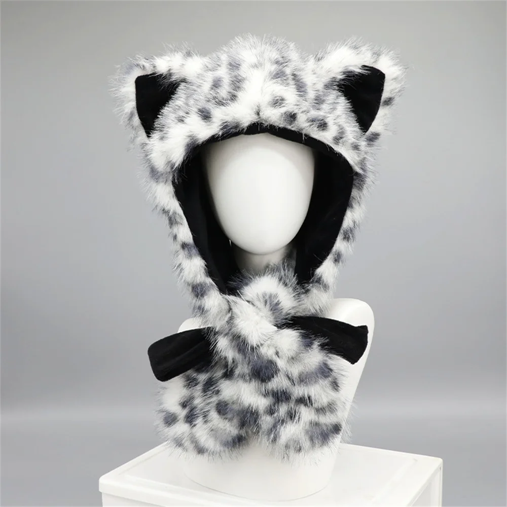 

Autumn Winter Hats Handsome Snow Leopard Ears Warm Thick with Velvet Outdoor Ear Protection Hat Fluffy Cute Bear Ear Wool Hat