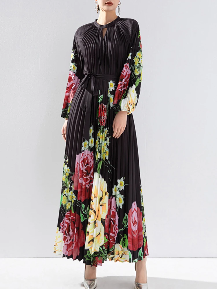 LANMREM 2024 Spring Pleated Long Dress Women Floral Print Belt Gathered Waist Loose Dresses Fashion Party 2024 Spring 2AA4677