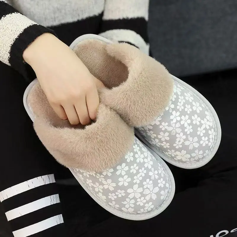 Baotou-Pantoufles en Cuir et Coton pour Femme, Semelle Souple, Antidérapante, Peluche Chaude, Imprimées, Imperméables, pour la Maison, Nouvelle Collection Hiver