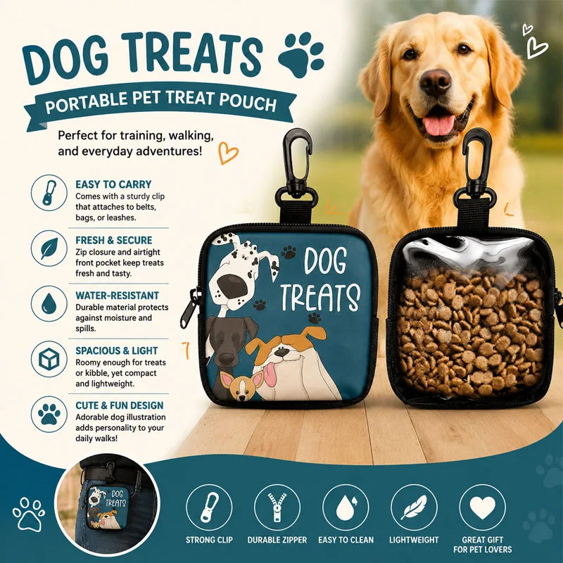 1pc Dog Print Dog Treat Bag with Hook and Zipper Pet Training Set Puppy Pet Training Walking Bag Dog Training Accessories