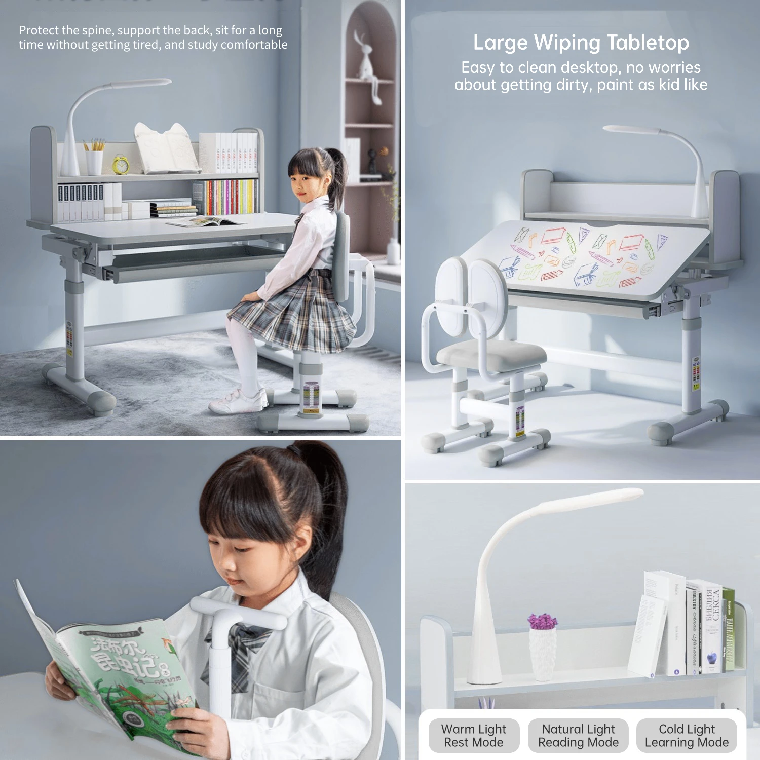 Kids Desk and Chair Set Height Adjustable, Ergonomic Children School Writing Study Table Tilt Desktop Drawers Workstation