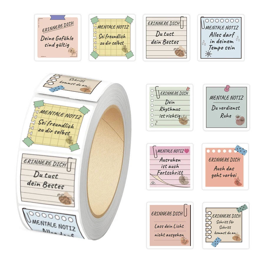 500 Pcs German Quote Stickers – Mental Note Style Labels for Journals, Planners, Packaging and Organization