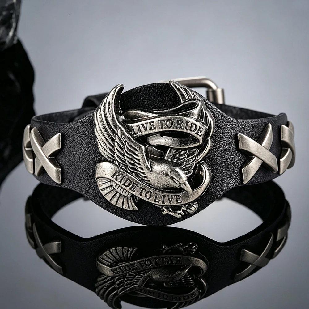 Herren Echtleder-Armband Punk Biker Adler Zinklegierung Armband Vintage Handgefertigt Verstellbare Schnalle Männlicher Motorrad-Schmuck – Detail 3