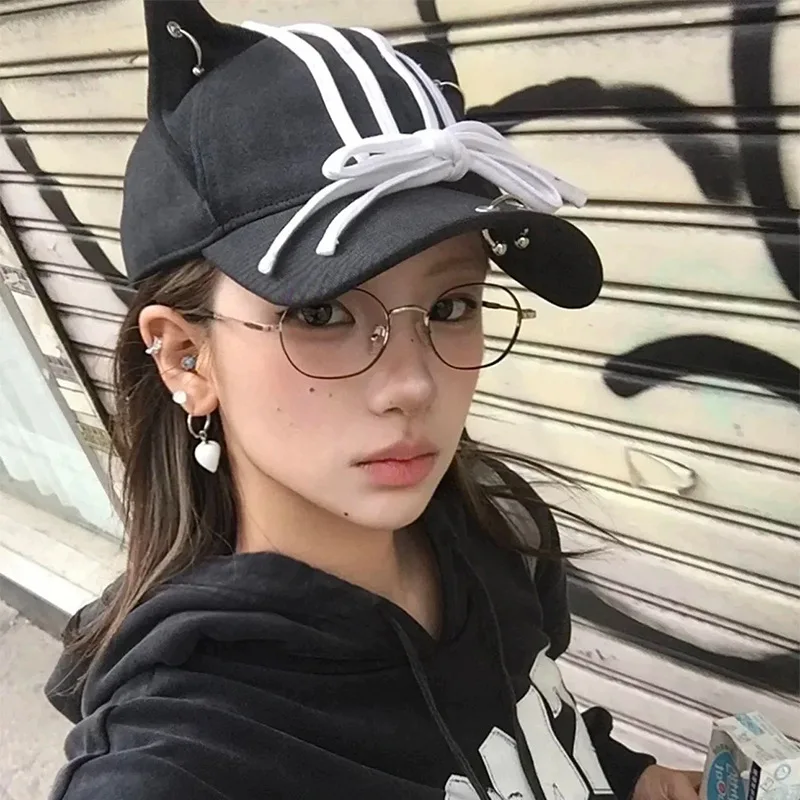 

New Trendy Y2k Personalized Strap Bow Cute Cat Ears Baseball Cap Men's And Women's Sunshade Denim Casual Adjustable Sports Hats