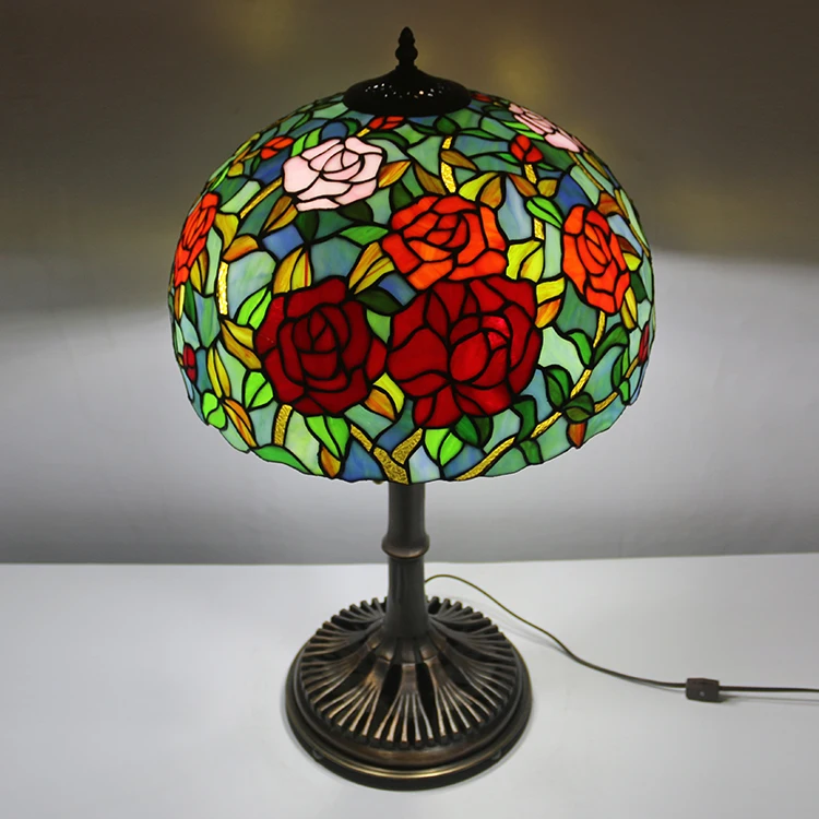 16 Inch European Rose Flower Stained Glass lamp  Desk Lights  home Table Lamp With Copper Base Stand Lamp