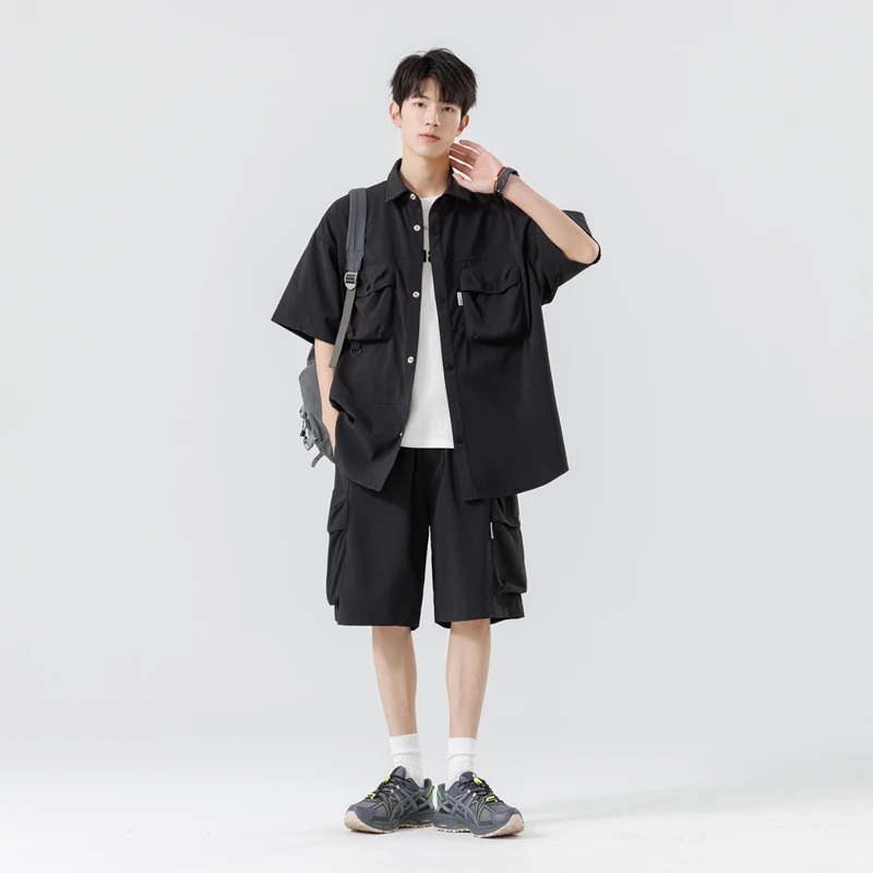 Summer Korean Style Men's Shirt Set Casual Suit Suit Cargo Short Sleeved Shirts Shorts Male Chest Pocket Shirt Fashionable Cool