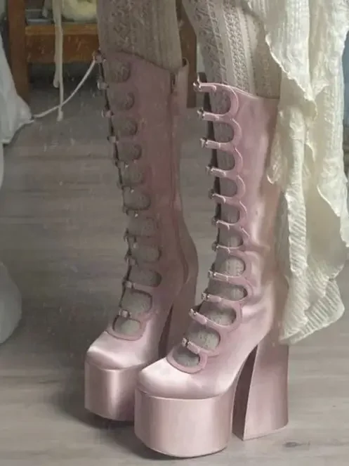 Summer Patent Leather Belt Buckle Sexy Boots 2025 Platform Party Zip Fashion Women Lolita Hollow Street Punk Thick High Heels