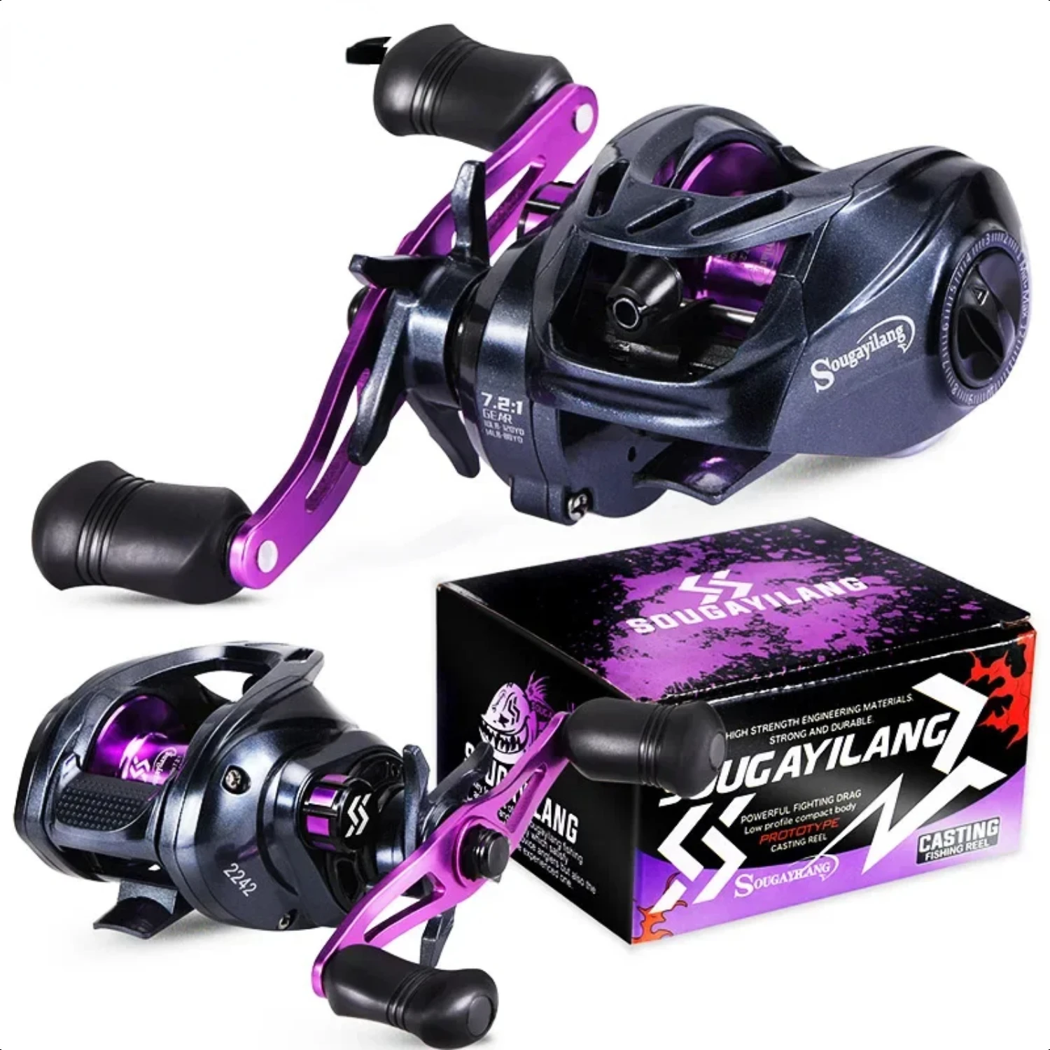 Super-smooth Purple Baitcasting Fishing Reel, High Speed Gear Ratio of 7.2:1, Max Drag 10kg - Perfect for Anglers