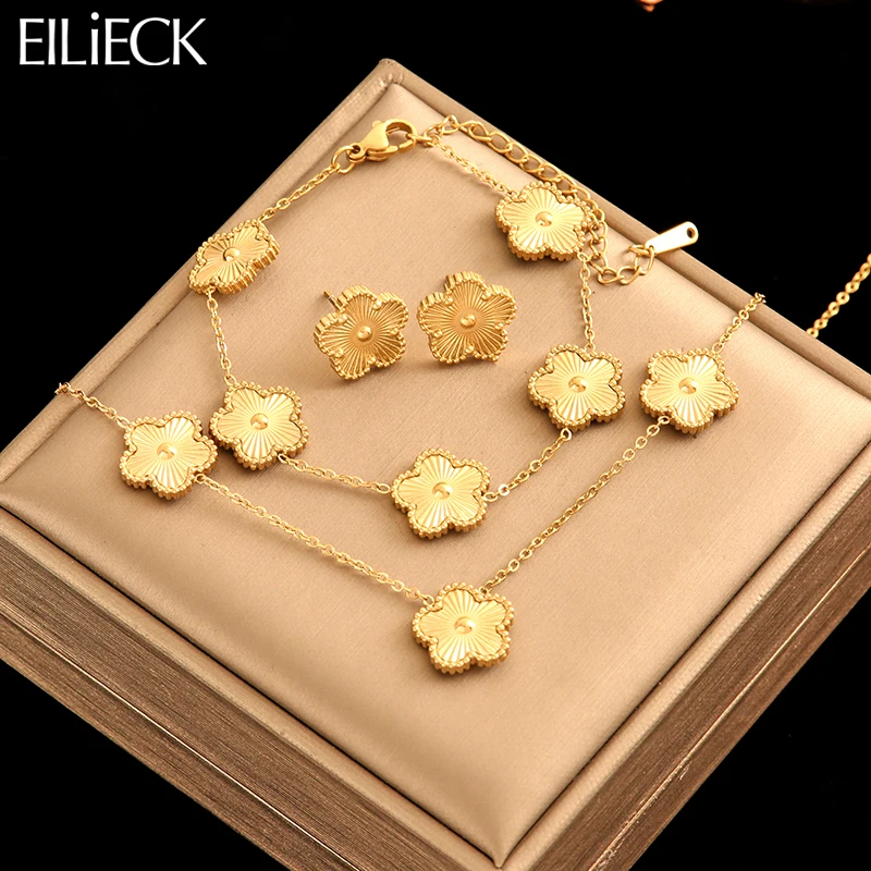 EILIECK 316L Stainless Steel Flower Five Leaf Clover Necklace Bracelet Earrings 18K Gold Plated Jewelry Set For Women Girl Gift