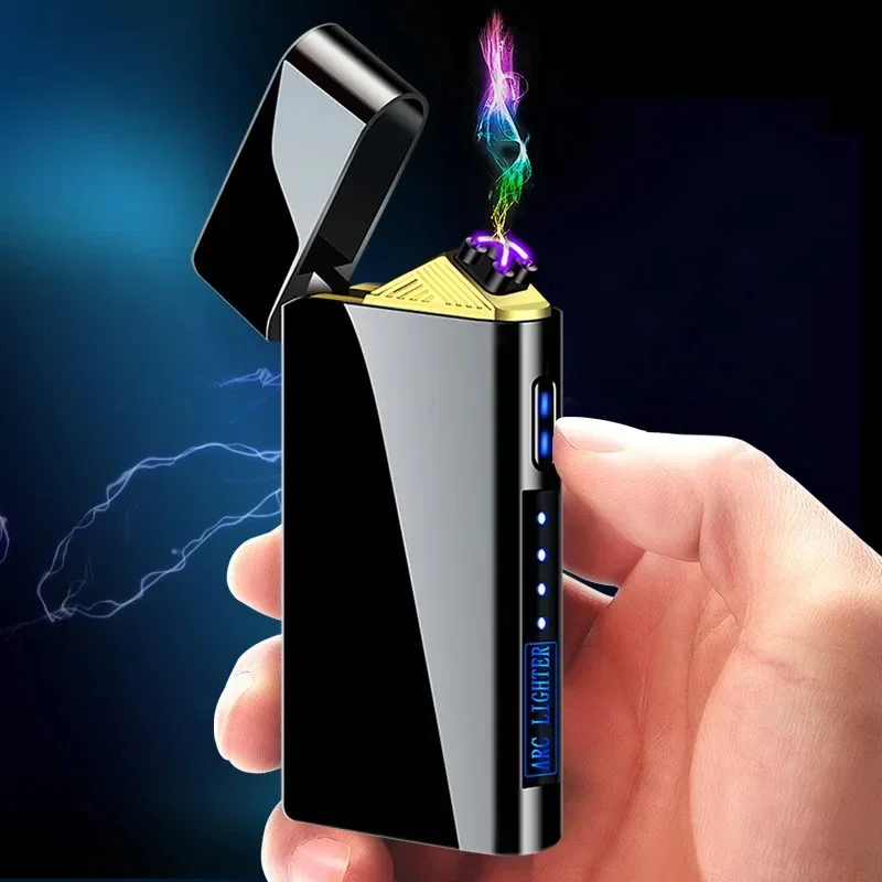 Hot Windproof USB Electric Metal Flameless Pulse Double Arc Lighter LED Power Display Touch Ignition Cigar Lighter High-End Gift