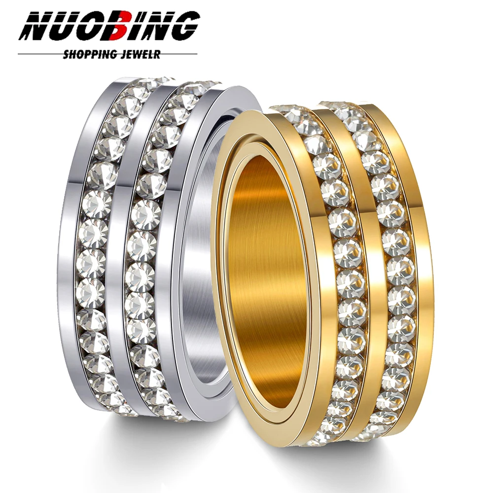 8MM Luxury Stainless Steel Spinner Finger Rings For Women Crystal Rotatable Wedding Ring Men Fashion Anniversary Party Jewelry