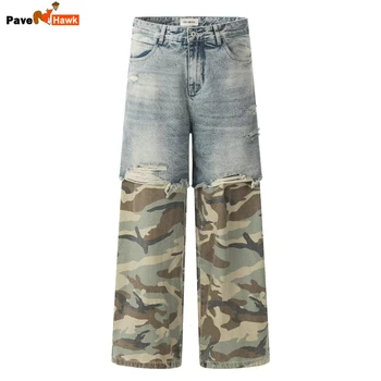 Pantalones vaqueros de retales de camuflaje para hombre, dos artículos falsos, Punk callejero, pantalones vaqueros Unisex con múltiples bolsillos, pantalones vaqueros azules de talla S-3XL