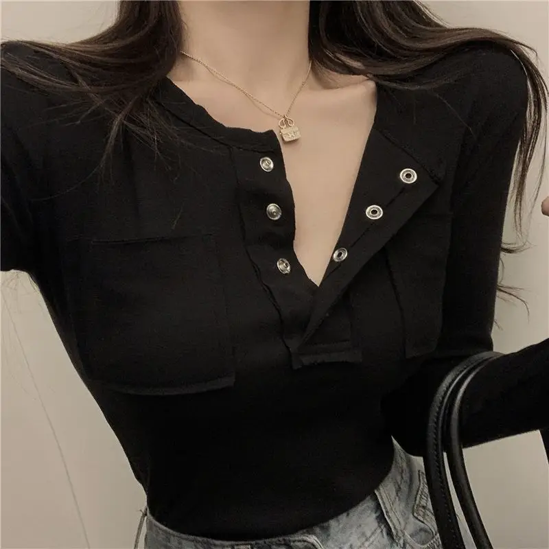 Kimutomo Snap Button Long Sleeve T Shirt Women Autumn Winter Slim Fit Cotton Base Layer Top Hong Kong Style Hot Girl Fashion New