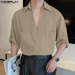 Fashion Casual Style Tops INCERUN New Men Loose Simple Pocket Design Shirt Handsome Male Solid All-match Mid Sleeve Blouse S-5XL