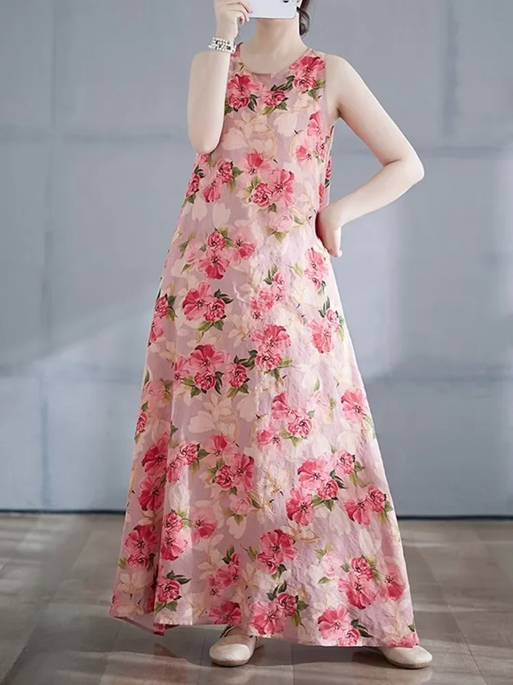 sleeveless oversized cotton vintage floral new in dresses for women casual loose long summer dress elegant clothing 2025