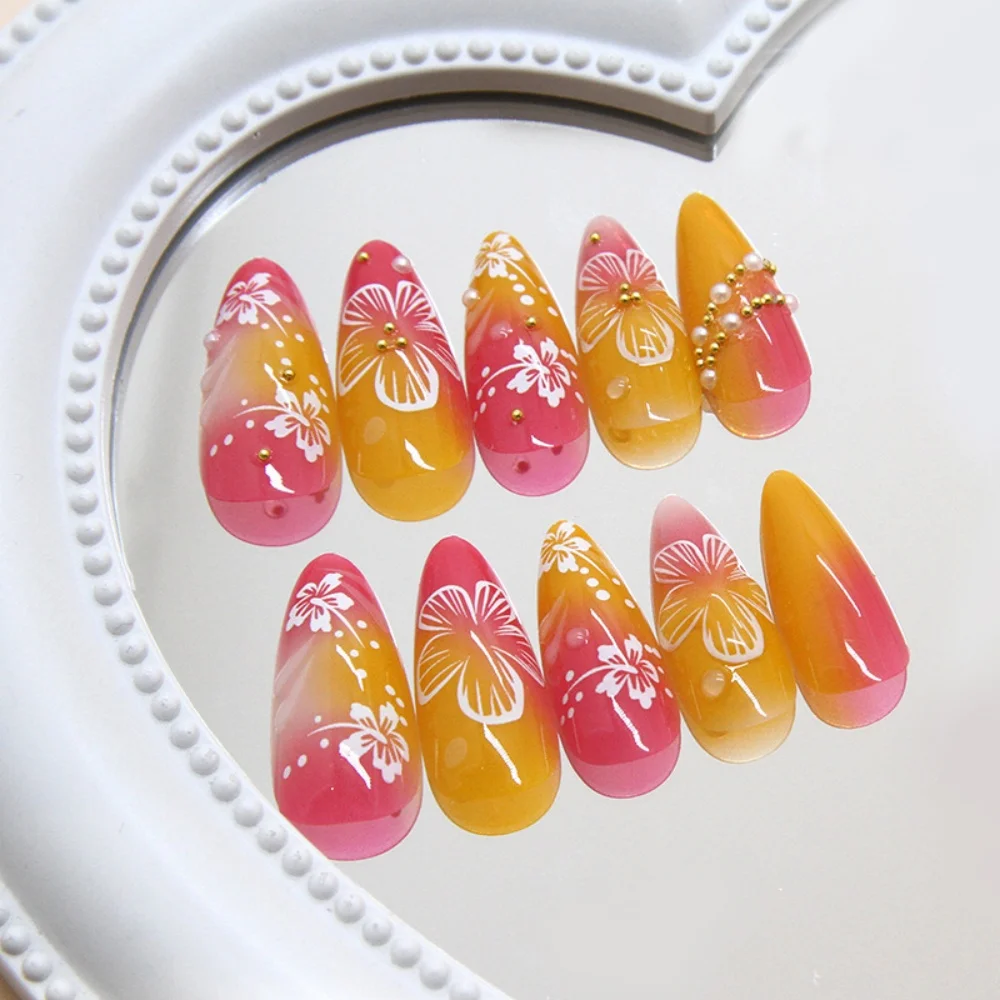 

24pcs White Flower Fake Nail Tips Ins Yellow Pink Blush False Nails Wearable Full Cover European Almond Shaped Press on Nails 24
