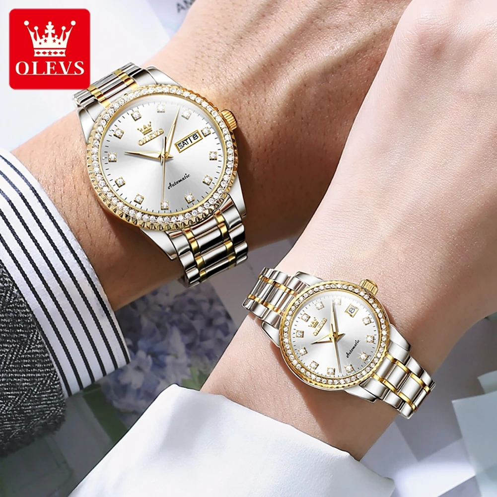 OLEVS Original Couple Watch 2 pcs Automatic Mechanical Watches His and Her Classic Luxury Diamond Dial Waterproof Calenda 7003