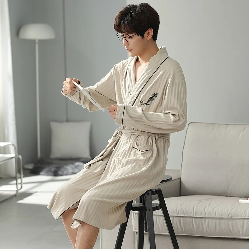 2024 Spring Autumn Plus Size Long Sleeve Cotton Kimono Robes for Men High Quality Sleepwear Bathrobes Male Homewear Home Clothes