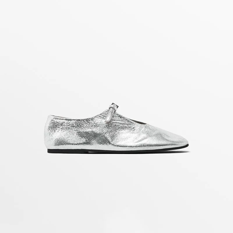 

Withered Minimalist Women's Shoes Silver Genuine Leather Flats Round Toe Ballet Shoes Soft Handmade Mary Jane Shoes For Woman