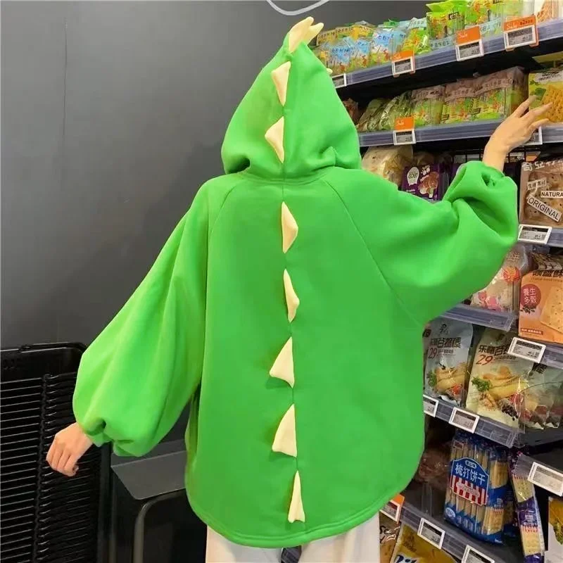 Autumn Women Cartoon Dinosaur Hoodies Harajuku Sweatshirts Cute Front Short Back Long Pullover Casual Loose Tracksuit Pajamas