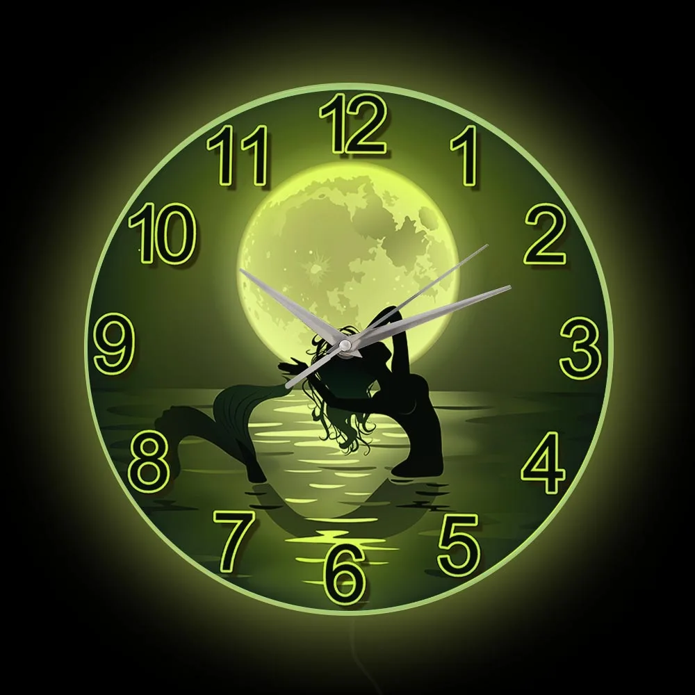 Mermaid Crescent Moon LED Night Light Wall Clock For Girls Living Room Fairy Tale Fantasy Home Decor Luminous Neon Sign Watch