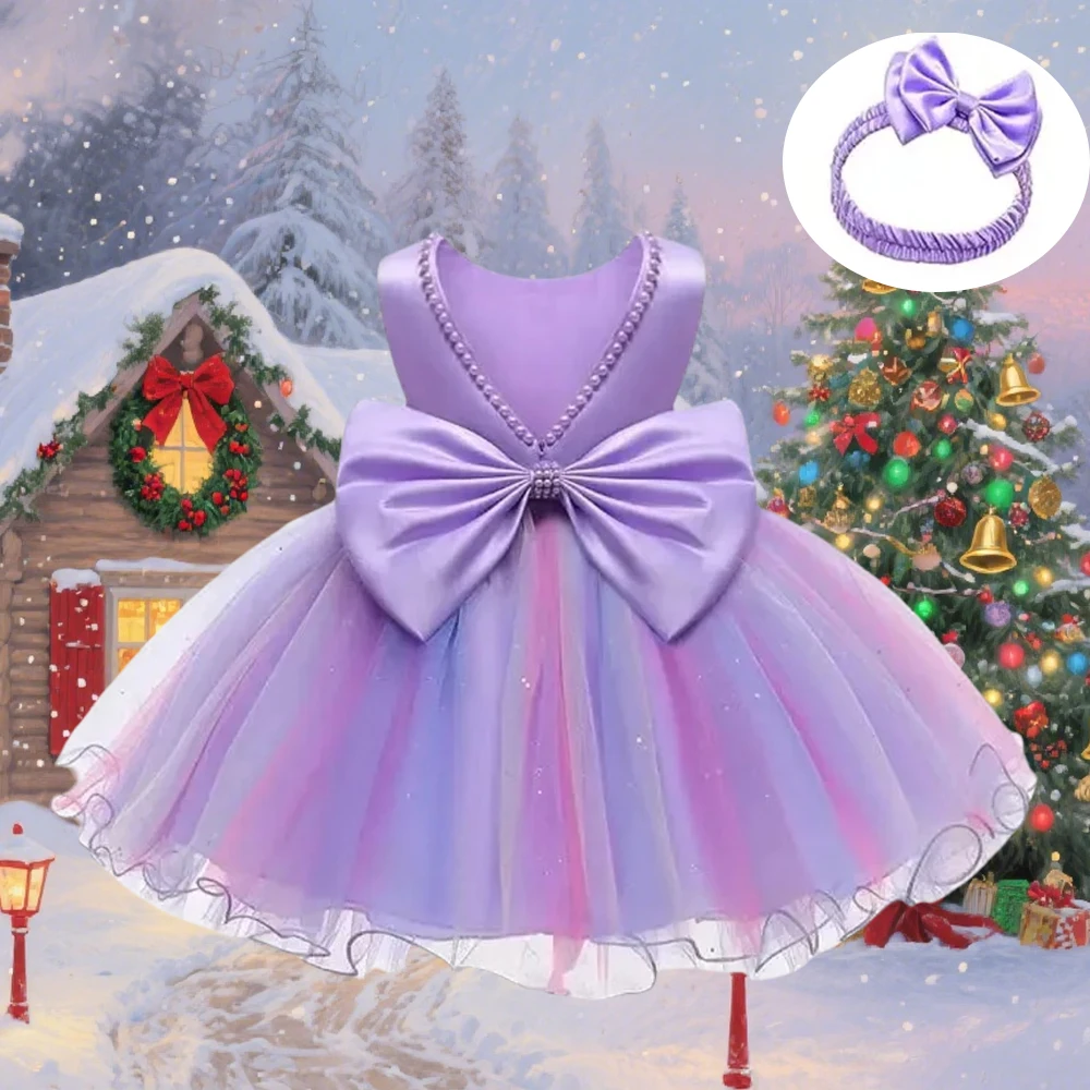 Babykleider für den 1. Geburtstag, Mädchen-Partykleider + Kopfbedeckung, Weihnachten, Kleinkind-Mädchen-Prinzessin-Kleid, rückenfreies Kinder-Hochzeitskleid