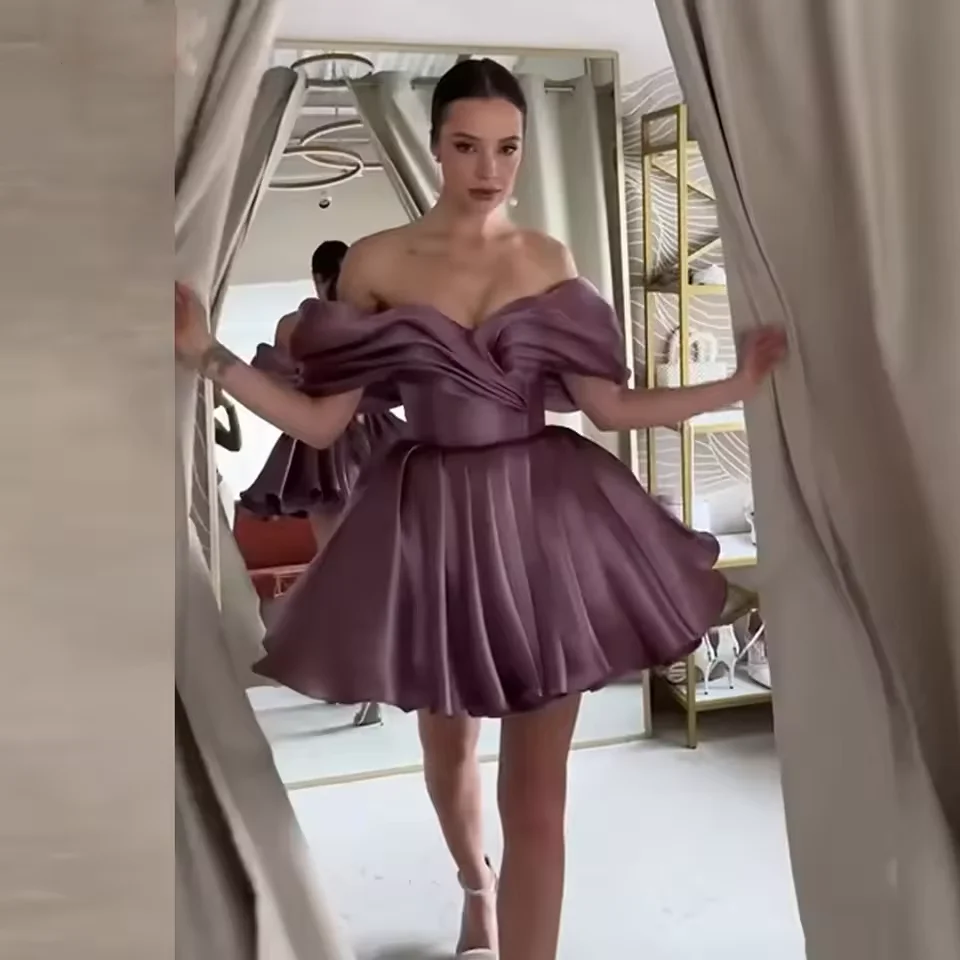 

Customized Off Shoulder Pleated Short Prom Dress A-line Lace up Satin Women Party Holiday Gown Above Knee Evening Dresses