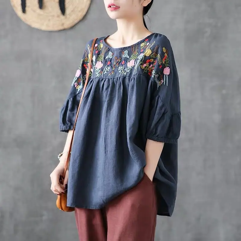 Women\'s Clothing Vintage Embroidery Ethnic Style Oversized Blouse Summer Casual O Neck Half Sleeve Shirt Cotton Tops Y2K Blusas