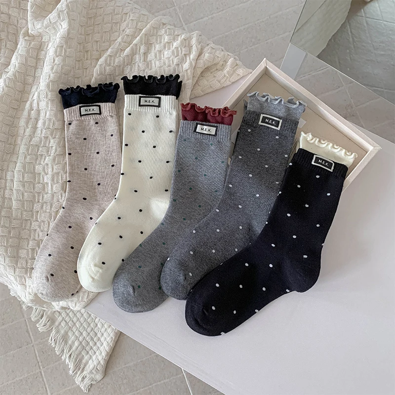 Frau Socken Neue Punkte Nette Rüschen Casual Lange Socken Für Frauen Atmungsaktive Adrette Damen Neuheiten Socken Baumwolle Weiche Bequeme