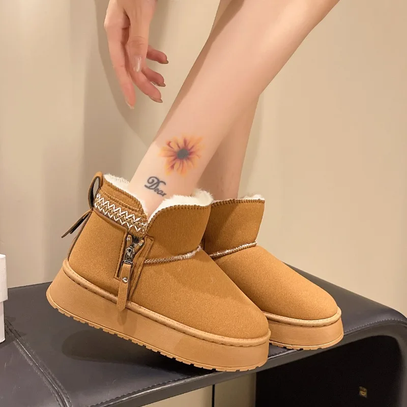 Botas de nieve tobilleras de piel para Mujer, Zapatos planos con punta redonda y plataforma Chelsea para Mujer, Zapatos cálidos de felpa de algodón para invierno 2025, Zapatos de ante para Mujer