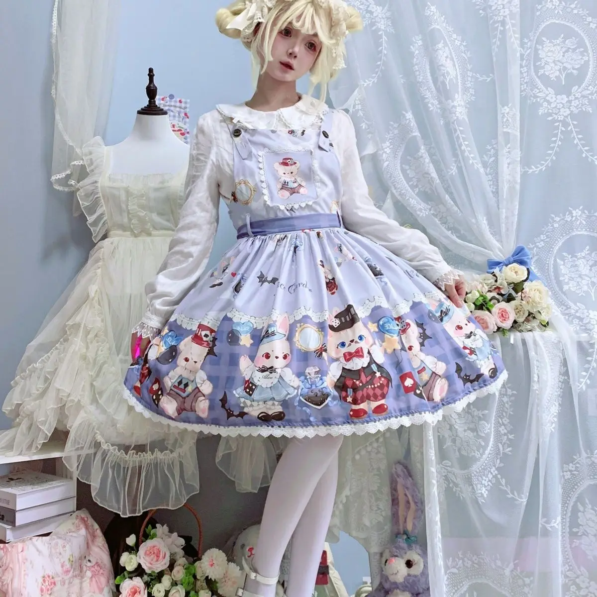Robe Japonaise Douce Kawaii Lolita Jsk pour Femme, Tenue de Princesse Imprimée Lapin, Mignonne, à Bretelles, pour ixd'Été