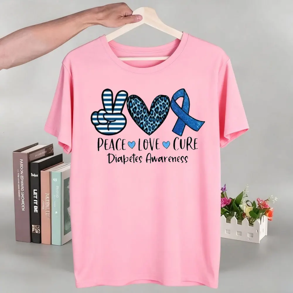 مرض السكري الوعي قميص مرض السكري قميص السلام الحب علاج القمم للجنسين النساء الرجال المحملة تي شيرت مطبوع قصيرة الأكمام النساء الملابس