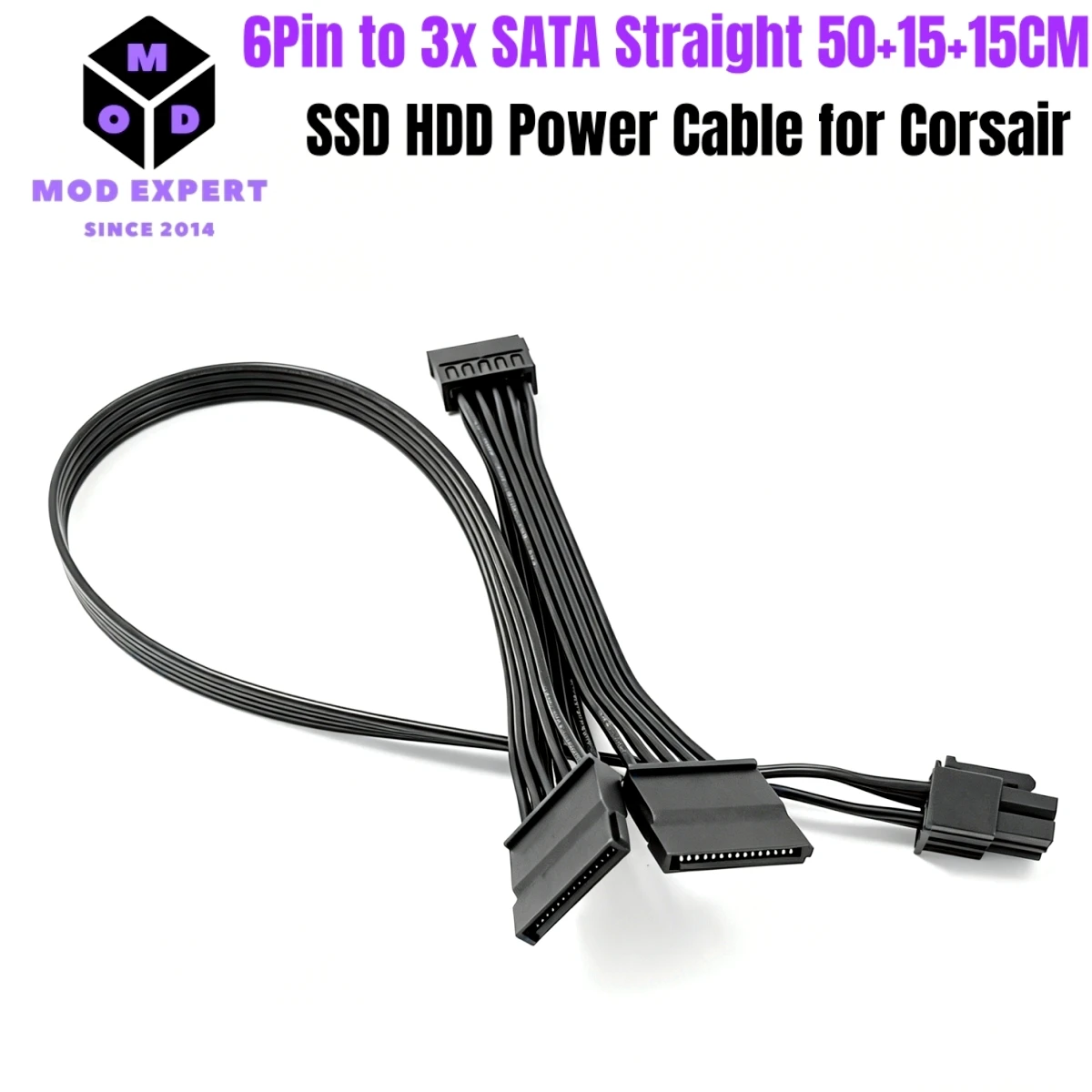 6Pin to 3 SATA Straight, SSD HDD Power Cable for Corsair HX1500i, H1200i, HX1000i, HX850i, HX750i HX-i Modular Power, 50+15+15CM
