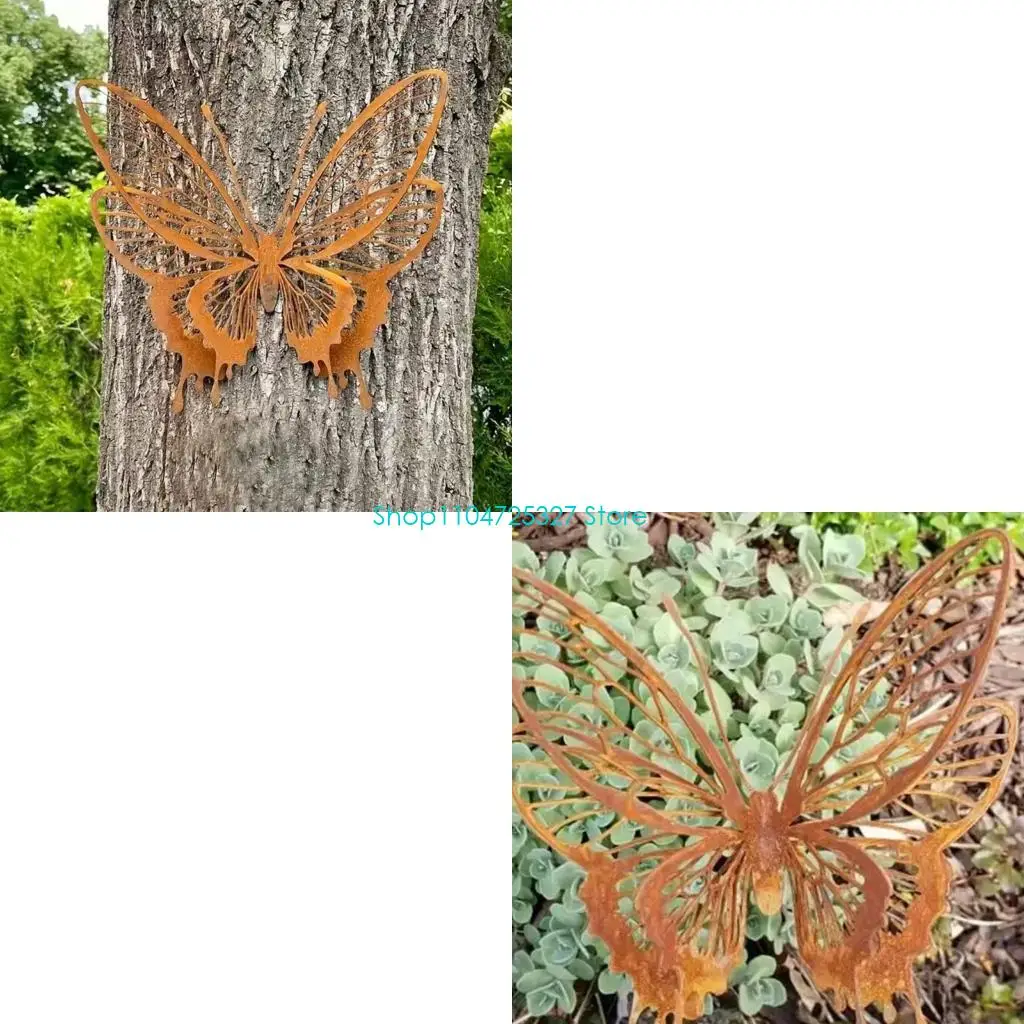 D8KF Shared Iron Build Butterfly Wall Hanging Decors with Aged Finish and Wing Line Detail for Home Display and Garden Display