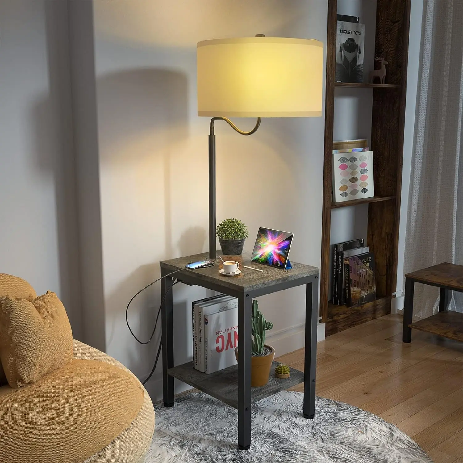 End Table with USB Charging Port, Power Outlet, Bedside Nightstand Shelves