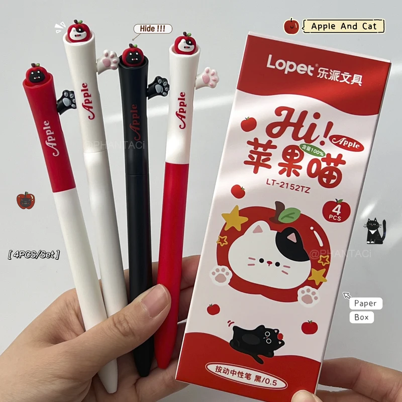 4PCS/Set Cute Apple Cat Style Gel Pen For Students Creative Cat's Paw Writing Pen 0.5mm Black Pen Office Supplies New