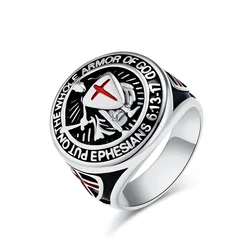 Knights Templar Put On The Whole Armor of God Ephesians 6:13-21 Red Cross Design Men's Stainless Steel Ring