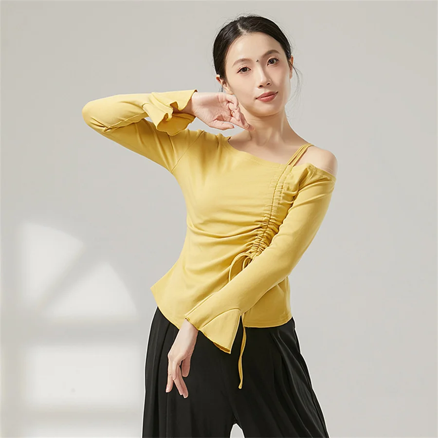 المرأة الكلاسيكية الرقص أعلى مضيئة طويلة الأكمام الرباط الجاز الباليه التدريب قميص الرقص الحديث القطن الصينية الرقصات الشعبية الأعلى #3