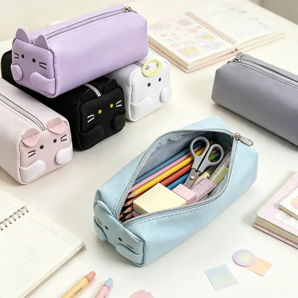 Cartoon Cute Cat Pencil Case Large Capacity Pen Bags Simple High Aesthetic Multi-Functional Stationery Storage Bag Student Gifts