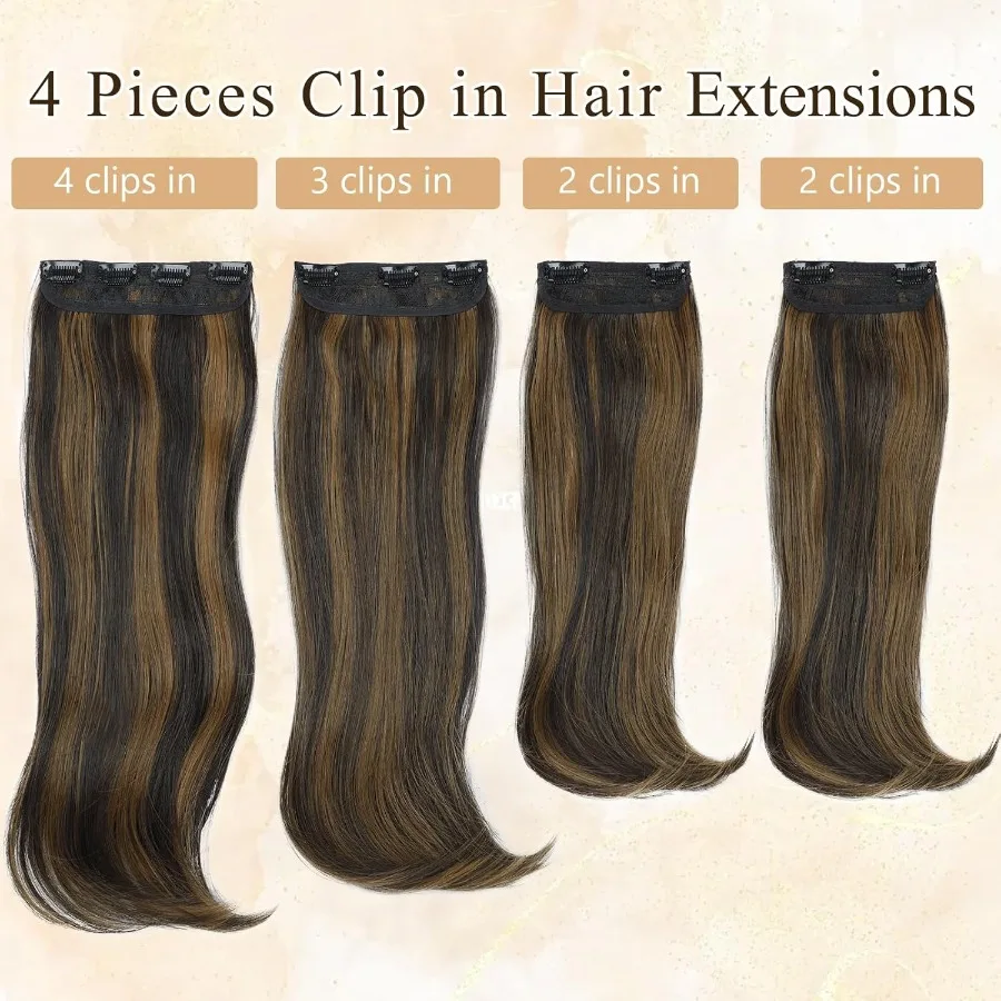 وصلات شعر متموجة مستقيمة للنساء 4 قطع من قطع الشعر الاصطناعية للاستخدام اليومي لون بني بطول 20 بوصة مثالية لـ Eve
