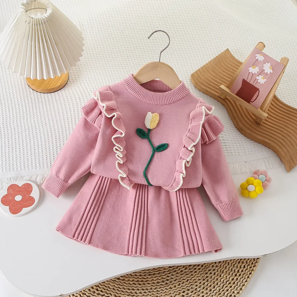 Girl Two Piece Set Autumn Winter 2024 Ear Fungus Edge Knitted Flower Sweater Pleated Skirt Casual Simple Fashion Sweet Korean