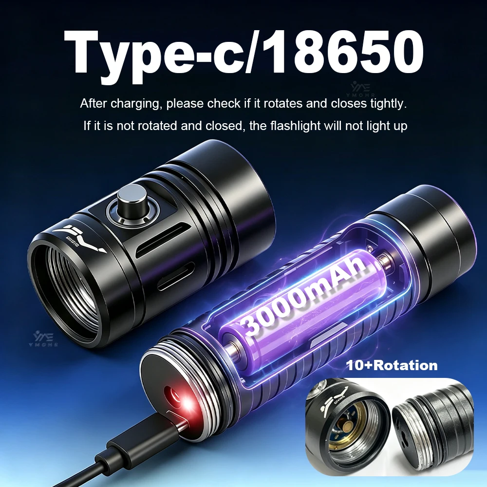 GRCKT Diving Flashlight Powerful Professional Underwater Lantern LED Rechargeable Dive Torch IPX8 Waterproof Scuba Lamp T6 Wick view 3