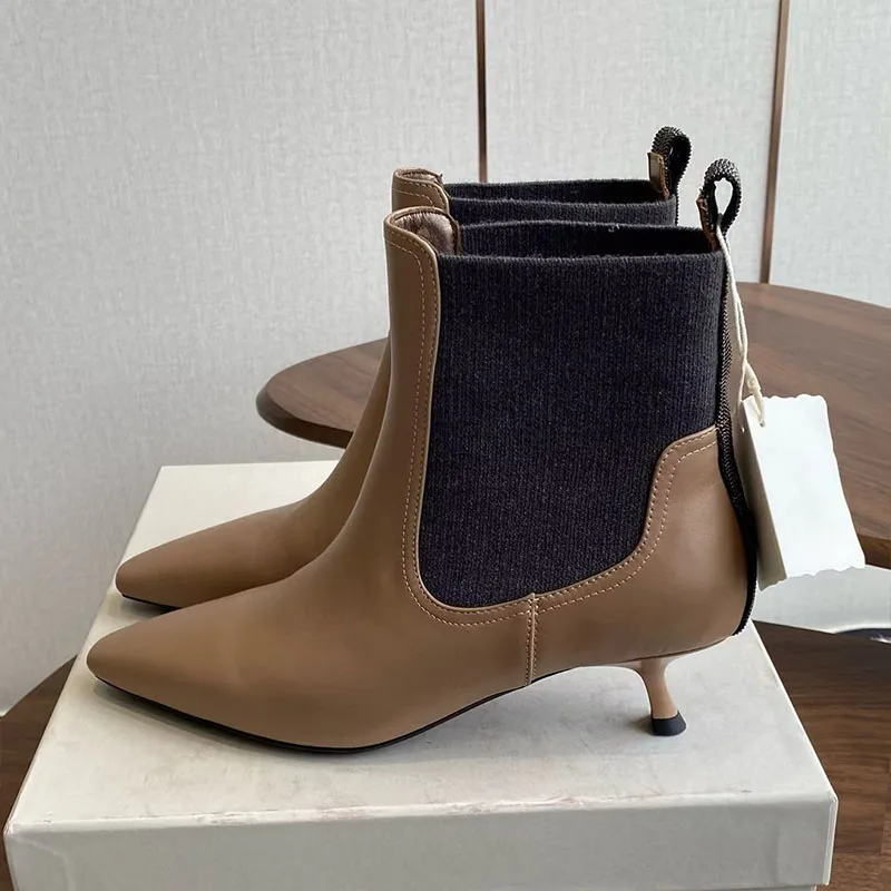 Women Genuine Leather Thin High Heel Short Boots Pointed Toe Patchwork Ankle Botas Ladies Autumn Winter Versatile Chelsea Boots