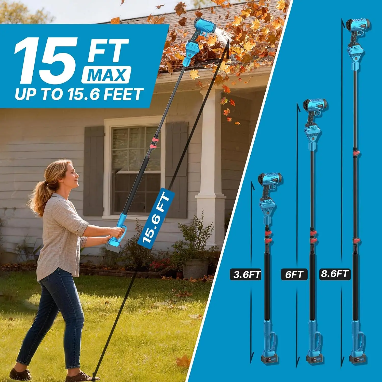 Roof Gutter Cleaning from The Ground,20V Leaf Blowers Cordless with 2 Battery and Charger, Adjustable Pole (8.6ft) 450CFM/180MPH