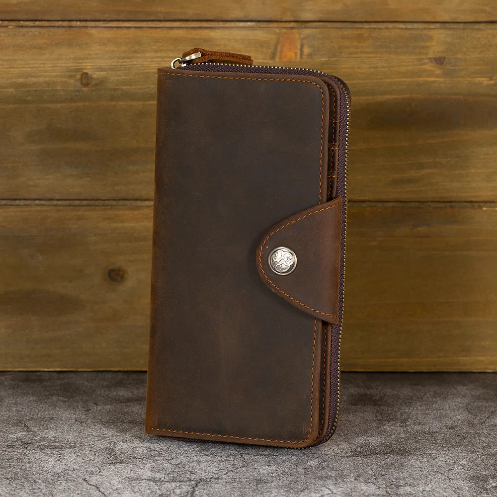 YH7036 Crazy Horse Leather Men's Zipper Wallet Buckle Multi Card Position Head Layer Leather Retro Wallet Clip