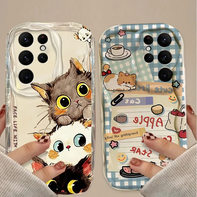 Cute Funny Lable Cat Case for Samsung Galaxy S25 FE S24 S26 Ultra Plus FE A17 A57 A37 A27 A56 A55 A16 A54 A53 A36 A26 5G Casing