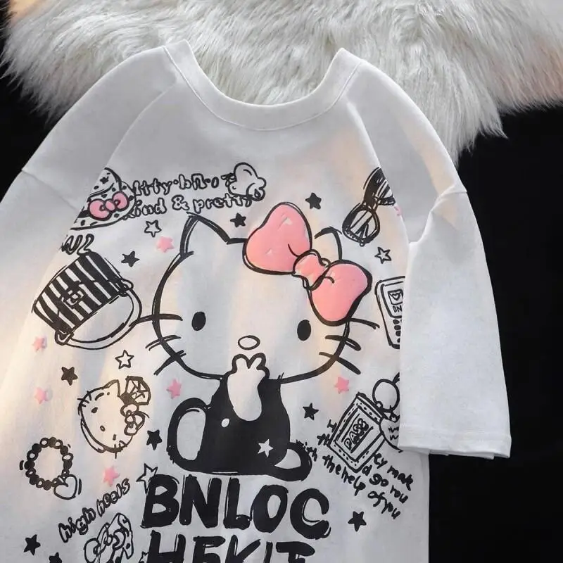 

Sanrio Hello Kitty women's T-shirt tops Print Short Sleeve Cotton Couple Summer American Style Sweet Cool Loose Fit Subculture