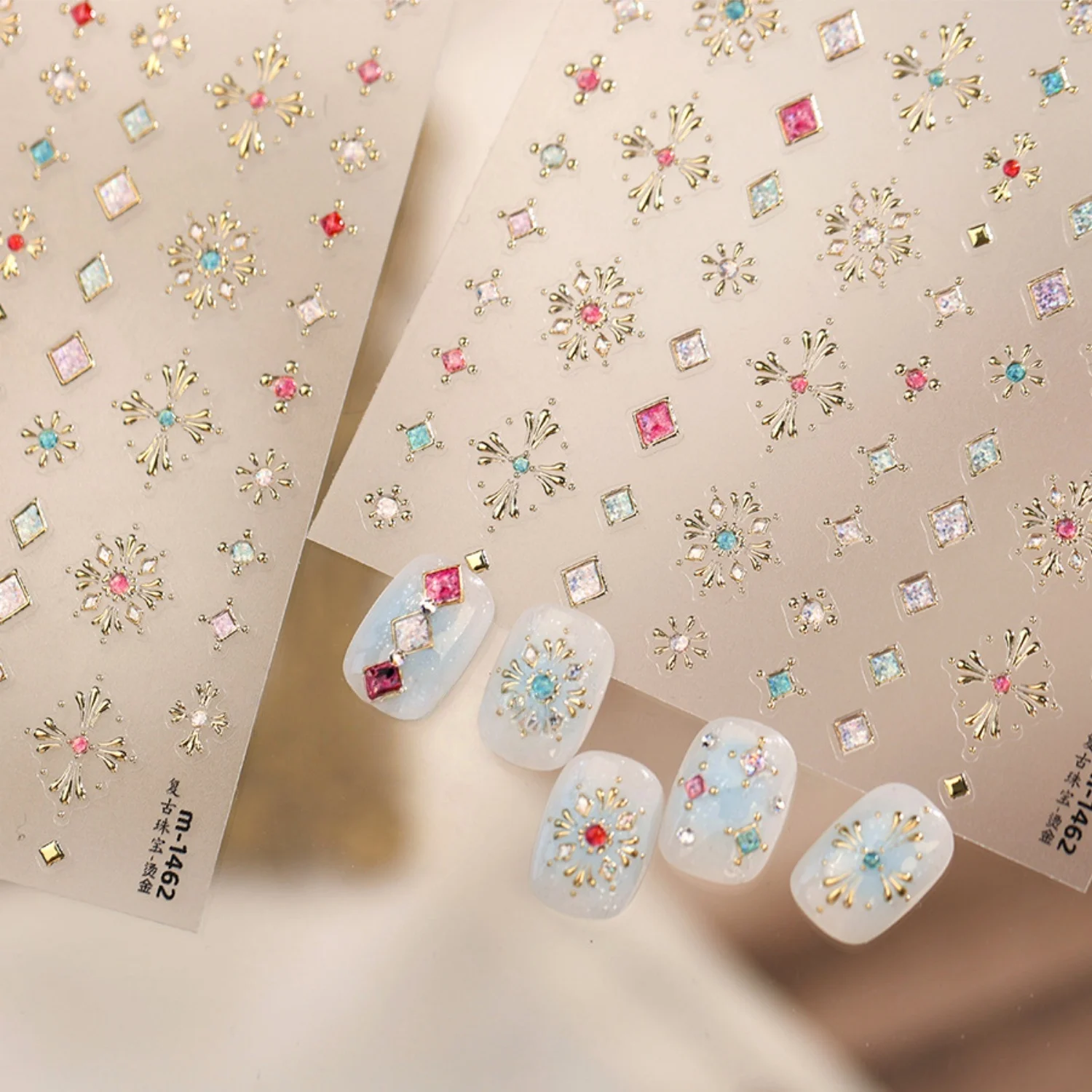 Klassische 5D-Nagelkunst-Aufkleber im Palast-Stil, Retro-Schmuck, Schneeflocken-Quadrat, glänzender Edelstein, selbstklebend, luxuriös, für Damen, Nagelaufkleber – Detail 2