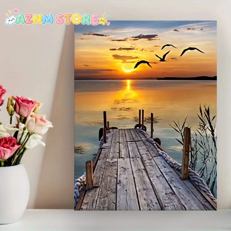 2027   1pc Frameless Painting, Tranquil Sunset And Seascape with Birds Canvas Art, Creative Poster, Modern Home Wall Art Deco