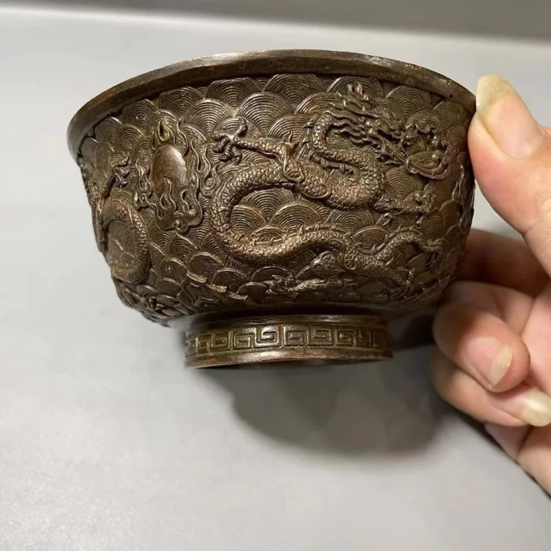 Antique Collection Vintage Copper Double Dragon Bowl for Living Room, Study, Home Decoration